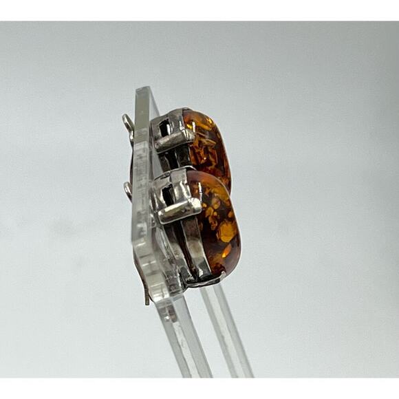 Sterling Silver 925 Prong Teardrop Shape Glowing Amber Stud Clip On Earrings - Picture 3 of 13